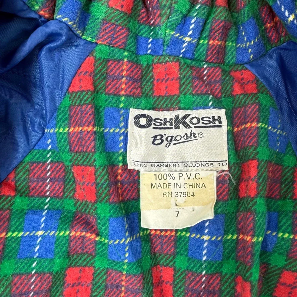 OshKosh Bgosh Raincoat Kids 7 Multi Color Good Vintage Colorblock Plaid 90s PVC